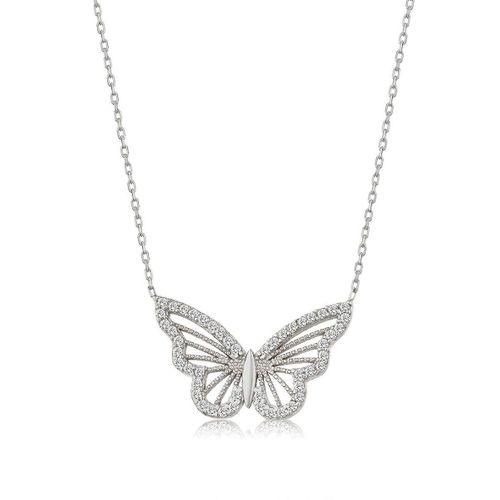 Gümüş Renk Kolye Zirkon Taşlı Kelebek Bayan Çelik Kolye -1053