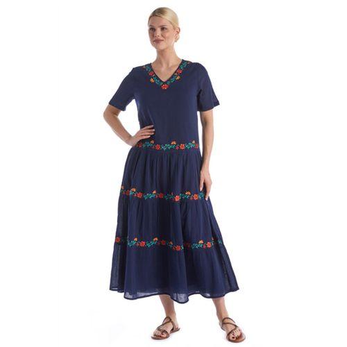 Kısa Kol Şile Bezi Lacivert V Yaka Nakışlı Uzun Yazlık Elbise