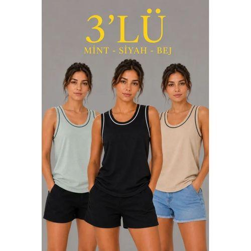 3’lü Kolsuz Sporcu Atlet Seti Yazlık Bisiklet Yakalı - Mint Yeşili, Siyah, Bej