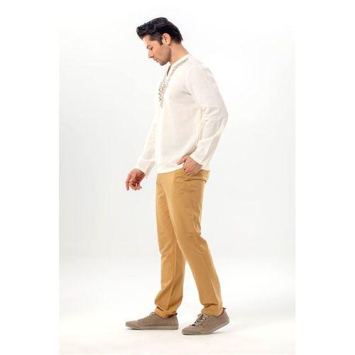 Uzun Kol Midas V Yaka Nakışlı Şile Bezi Erkek Tişört | Yazlık Erkek Tshirt Krem Krm