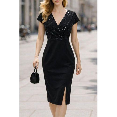 Kadın Kısa Kollu Kruvaze Yakalı ışıltı Detaylı Midi Ithal Krep Elbise