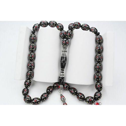 Kule Model Gümüş İşlemeli Oltu Sıkması Tespih