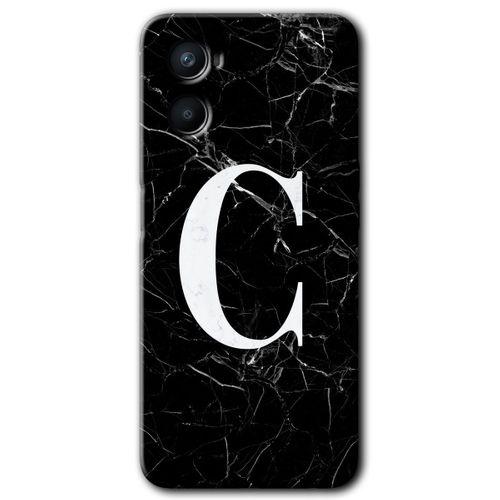 Oppo Reno 3 Kılıf Baskılı Kapak - Siyah Mermer Desenli C Harfi + 5D Tam Kaplayan Cam