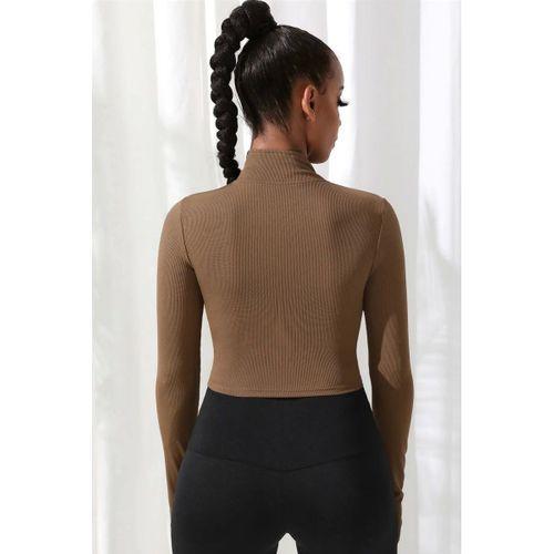 Kadın Kahverengi Dik Yaka Fermuarlı Uzun Kollu Parmak Geçmeli Crop Top Spor Bluz