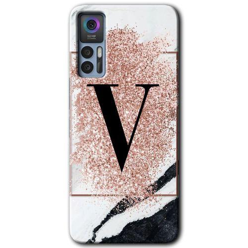 TCL 30 Kılıf HD Desen Baskılı Arka Kapak - Pembe Mermer Desenli V Harfi