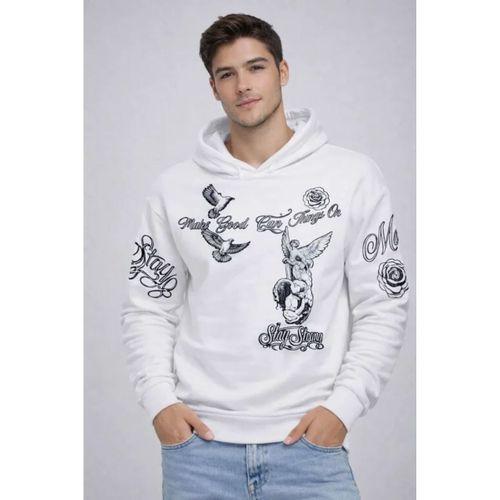 Erkek 3 İplik Pamuklu Kapüşonlu Baskılı SweatShirt Hoodie - Beyaz