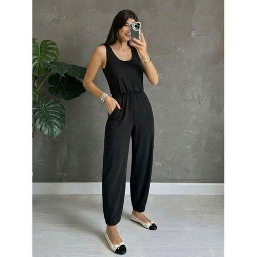 Kadın Askılı Yuvarlak Yakalı Cepli Viskon Tulum