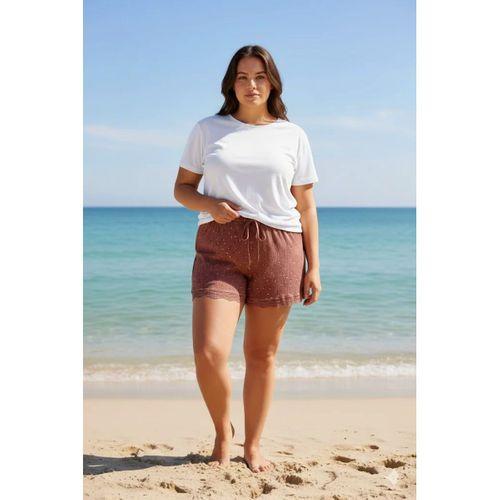 Düz Renk Mini Çiçek Desenli Penye Kadın Ev Şortu Bacak Dantel Detaylı Ev Giyim Taba