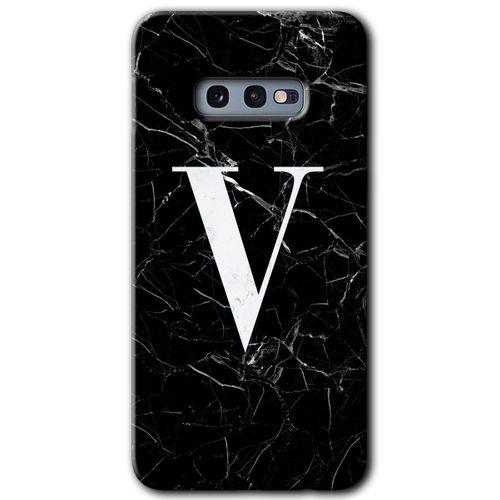 Samsung Galaxy S10e Kılıf Baskılı Kapak - Siyah Mermer Desenli V Harfi + 5D Tam Kaplayan Cam