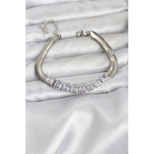 316L Çelik Gümüş Renk Kare Zirkon Taşlı Yılan Zincirli Kadın Bileklik