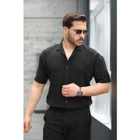 Yarım Oversize Apaş Yaka Kısa Kol Müslin Kumaş Erkek Gömlek - Siyah