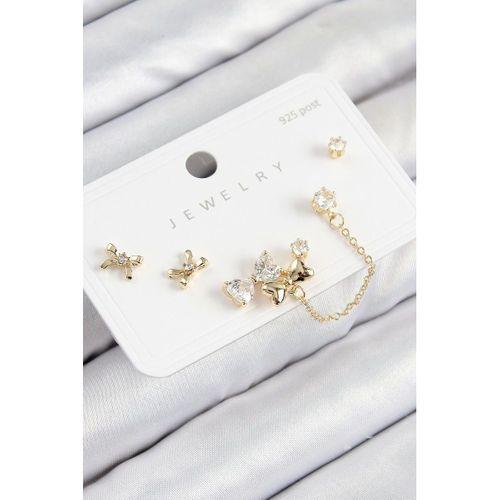 Pirinç Zirkon Taşlı Fiyonk Model Gold Renk 925 Ayar Gümüş Çivi Kadın Küpe Set