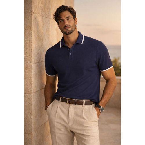 Balzac Yakası Şeritli Düğmeli Polo Yaka Basic Günlük Petek Örgü Triko Erkek T-Shirt - Lacivert