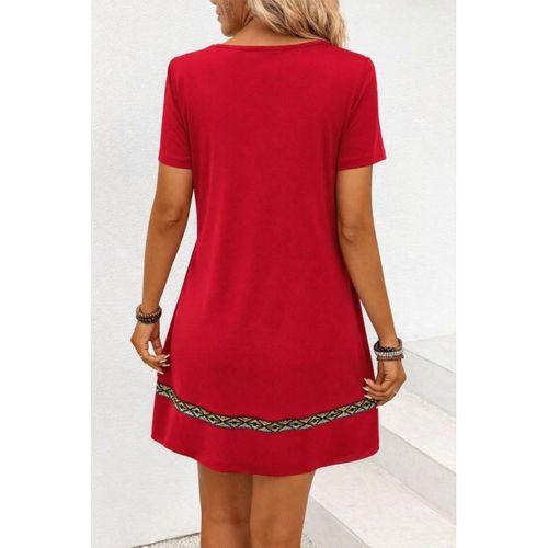 Kadın Kısa Kollu V Yakalı Etnik Desen şerit Detaylı Viskon Elbise