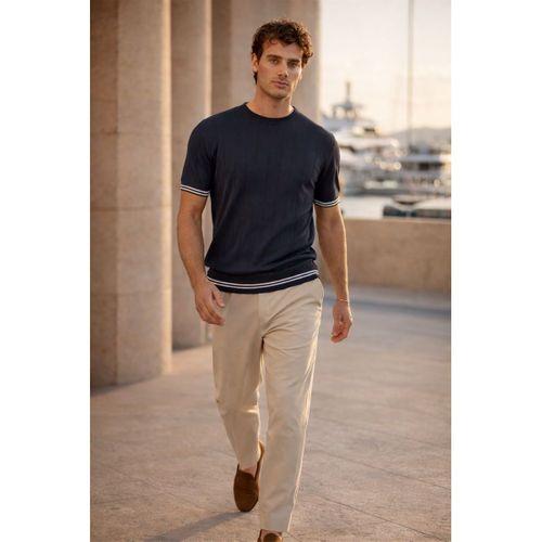 Dale Kolları Şeritli Bisiklet Yaka İnce Triko Örme Regular Fit Erkek T-Shirt - Lacivert