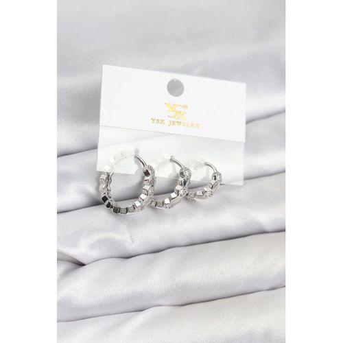 Pirinç Gümüş Renk Zirkon Taşlı Petek Halka Model YSX Trio Küpe Seti
