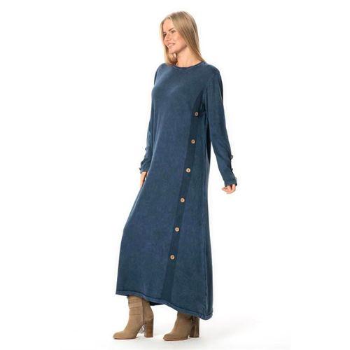 Uzun Kol Gözde Bisiklet Yaka Düğme Detaylı Sonbahar ve Kışlık Uzun Triko Elbise İndigo indg