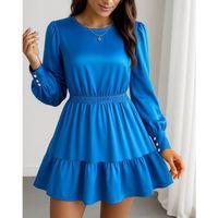 Kadın Uzun Kollu Bisiklet Yaka Beli Lastikli Fırfırlı Ithal Krep Elbise