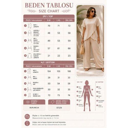 Kadın Kısa Kollu Bisiklet Yaka Asimetrik Kesim Detaylı Bürümcük Bluz Ve Pantolon Ikili Takım