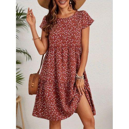 Kadın Kısa Kollu Bisiklet Yaka çiçek Desenli Süprem Elbise