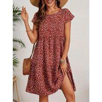 Kadın Kısa Kollu Bisiklet Yaka çiçek Desenli Süprem Elbise