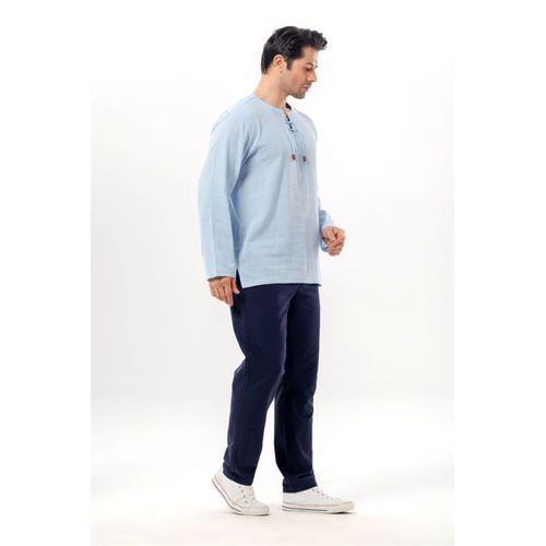 Büyük Beden Şile Bezi Uzun Kol Zımbalı Erkek Yazlık Tshirt Buz Mavi 3027