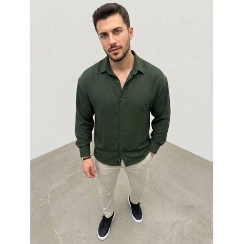 Erkek Aerobin Kumaş Oversize 4 Mevsim Uzun Kollu Rahat Kalıp Gömlek - Haki