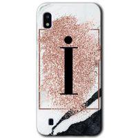 Samsung Galaxy A10 HD Baskılı Kılıf + 9D Tam Ekran Koruyucu - Pembe Mermer Desenli İ Harfi