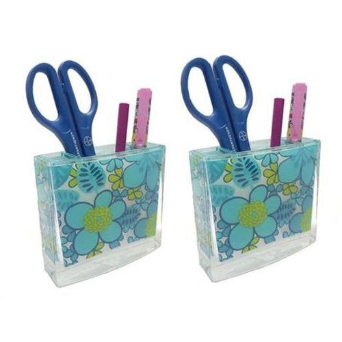 2 Adet Kalemlik Mavi Çiçekli Akrilik Ofis Gereci  10X10X3Cm