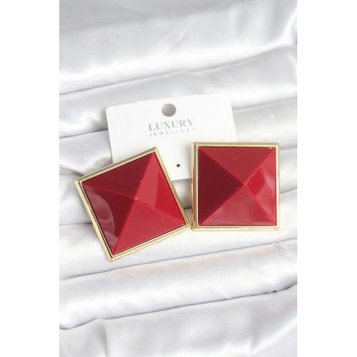 Pirinç Gold Renk Bordo Piramit Model Kadın Küpe