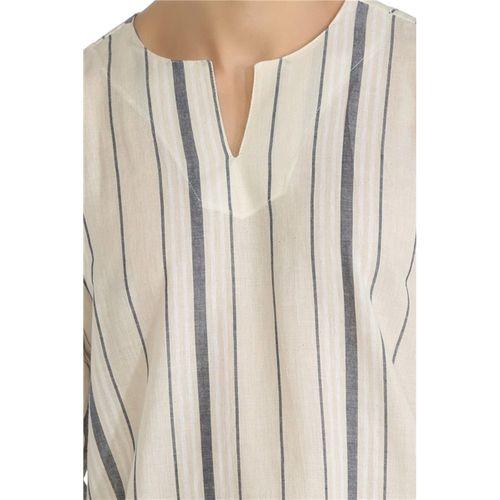 Büyük Beden Uzun Kol Şile Bezi Bisiklet Yaka Yazlık Tshirt Ekru Gri Çizgili 3028