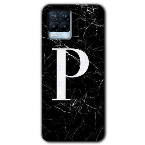 BeRa Aksesuar Realme 8 Pro Kılıf Baskılı Kapak - Siyah Mermer Desenli P Harfi +Tam Kaplayan Mat Seramik