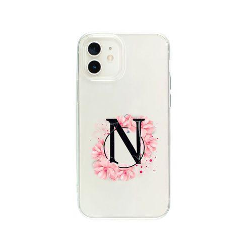 iPhone 12 Pembe Çiçek Desen N Harfli Premium Şeffaf Telefon Kılıfı