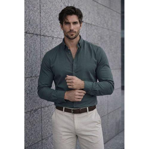 Likralı Regular Fit Nefes Alabilir Klasik Erkek Oxford Gömlek - Çam Yeşili