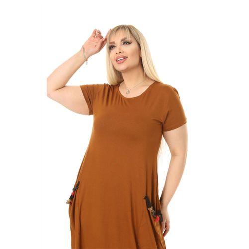 Melsay Butik Hardal Püsküllü Cepli Kısa Kollu Midi Elbise