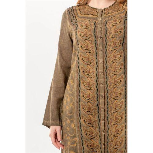 Uzun Katlanabilir Kol İnka Düğmeli Yazlık Otantik Nakışlı Poplin Tunik Toprak Tprk
