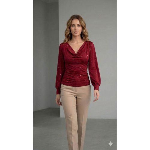 Kadın Uzun Kollu Degaje Yaka Taşlı Sandy Bluz