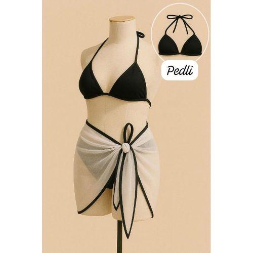 Kadın Siyah Beyaz Pareolu 3’lü Bikini Takımı Yandan Ve Boyundan Bağlamalı Pedli Şık Plaj Seti