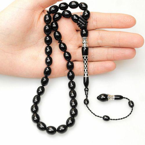 Oltu Taşı Kare Baklava Desenli  İmame Gümüş İşleme Sade Tespih