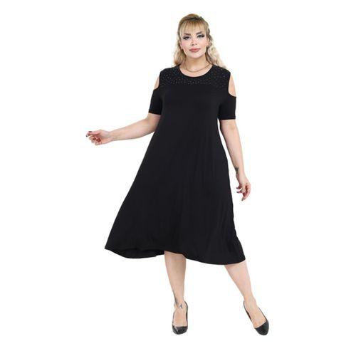 Melsay Butik Siyah Taş Baskılı Omuzu Açık Midi Elbise