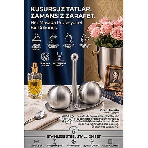 Küre Tuzluk Biberlik Seti - Standlı Metal Baharatlık Takımı 18/10 304 Paslanmaz Çelik 723497