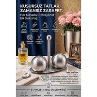 Küre Tuzluk Biberlik Seti - Standlı Metal Baharatlık Takımı 18/10 304 Paslanmaz Çelik 723497