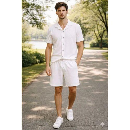 Erkek Waffle Kumaş Kısa Kollu Gömlek Şort Takım Regular Fit Yazlık İkili Set - Beyaz