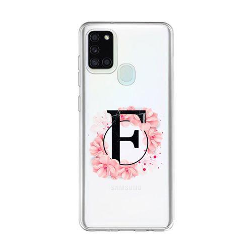 Samsung A21s Pembe Çiçek Desen F Harfli Şeffaf Kılıf