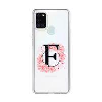 Samsung A21s Pembe Çiçek Desen F Harfli Şeffaf Kılıf