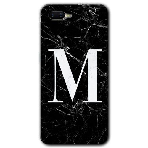 Oppo Rx 17 Neo Kılıf HD Desen Baskılı Arka Kapak + Temperli Cam - Siyah Mermer Desenli M Harfi