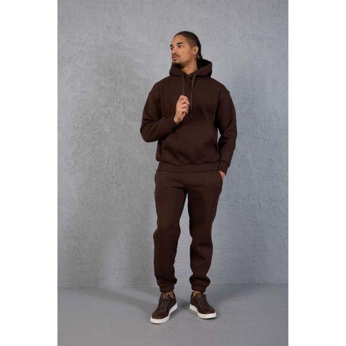 Şardonlu Kanguru Cepli Sweatshirt - 3 İplik Şardonlu Lastik Paça Erkek Eşofman Altı- Eşofman Takımı - Kahve