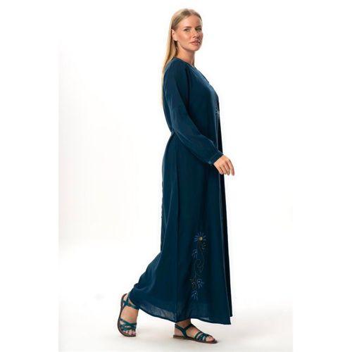 Uzun Kol Şile Bezi Gülşah Bisiklet Yaka Nakışlı Uzun Yazlık Elbise Lacivert Lcvt