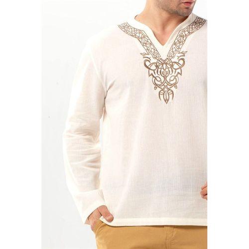 Uzun Kol Midas V Yaka Nakışlı Şile Bezi Erkek Tişört | Yazlık Erkek Tshirt Krem Krm