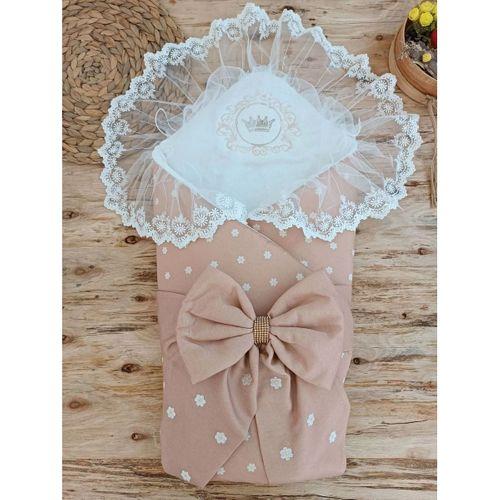 Yenidoğan Papatya Desenli Trilüks Unisex Kundak Bebek Battaniyesi Kahverengi